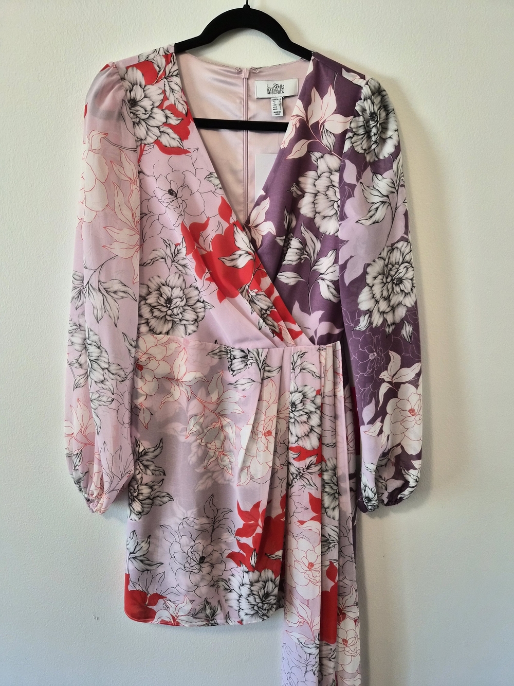 Belle Badgley Mischka Renee Combo Printed Floral Wrap Style Mini Dress Size 2